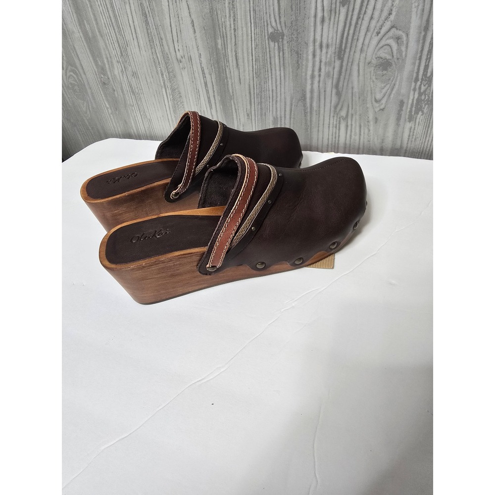 NWT OluKai Dark Brown Leather Scalloped Wooden Platform Clogs Women US 8 EUR 38 - Picture 6 of 7
